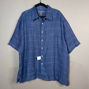 Saks Fifth Ave shirt men's XXL button down short sleeve linen plaid blue camp